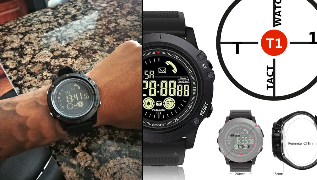 T1 Tact Watch with measurements and customer wearing the smartwatch
